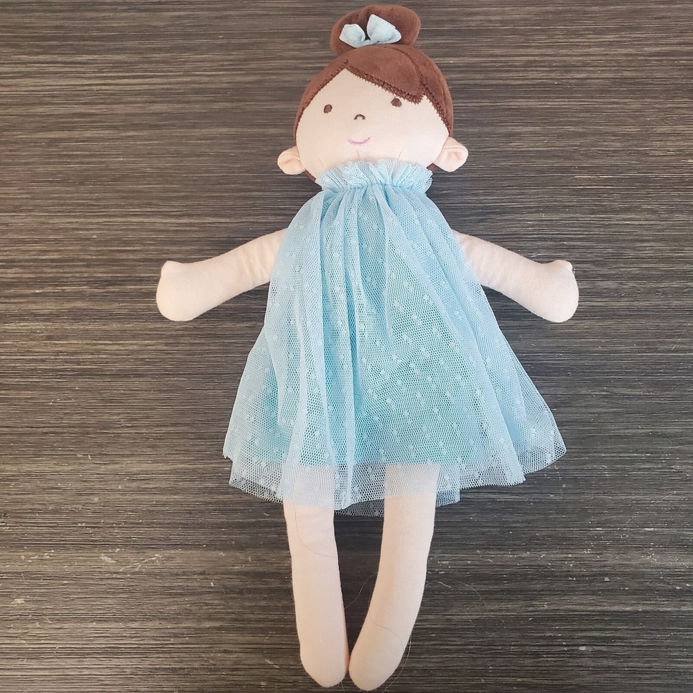 Linzy Toys Soft Cloth Plush Rag Doll Brunette Girl Doll‎ Blue Tulle Tutu Dres